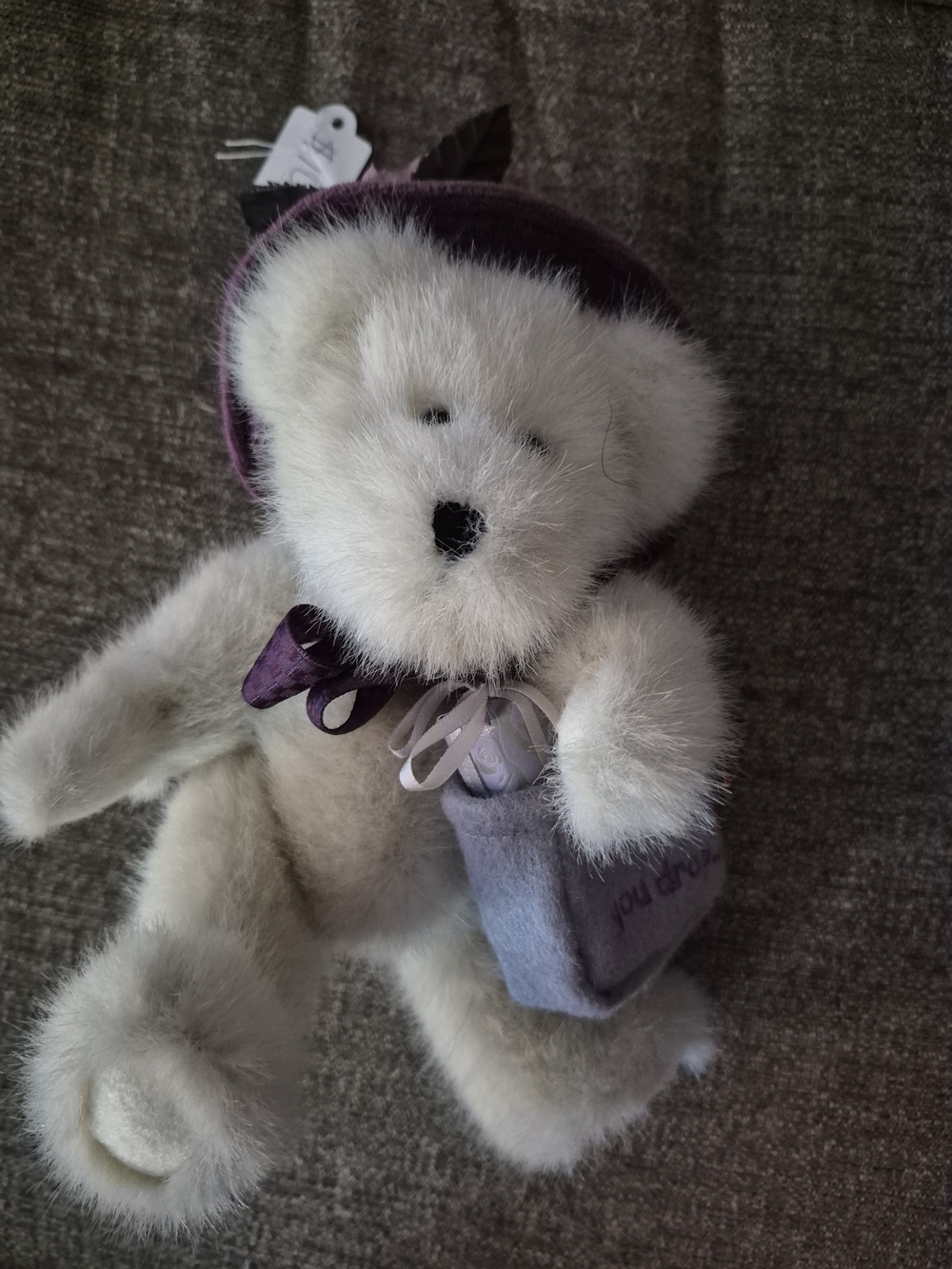 Plush White Teddy Bear with Purple Hat and Bow - Kids Accessory